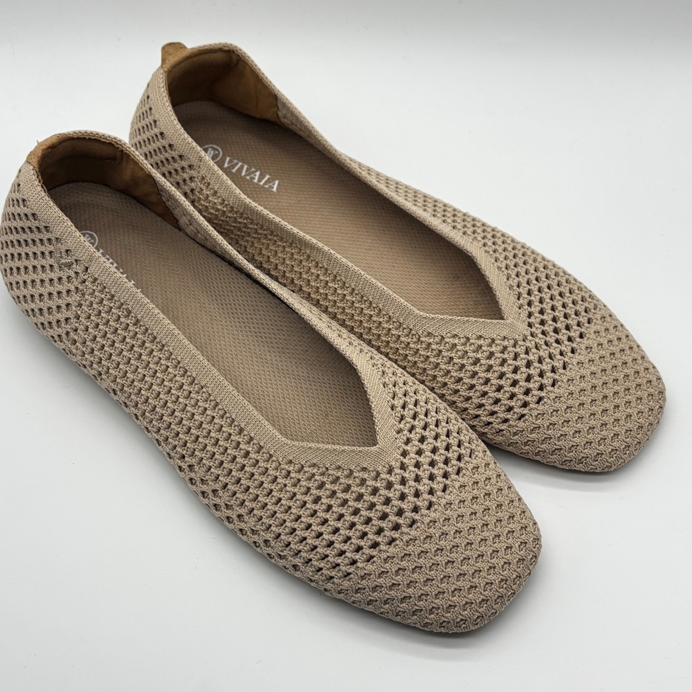 VIVAIA Square-Toe V-Cut Mesh Flats Margot 2.0 Slip On Beige Almond EU 40 US 10